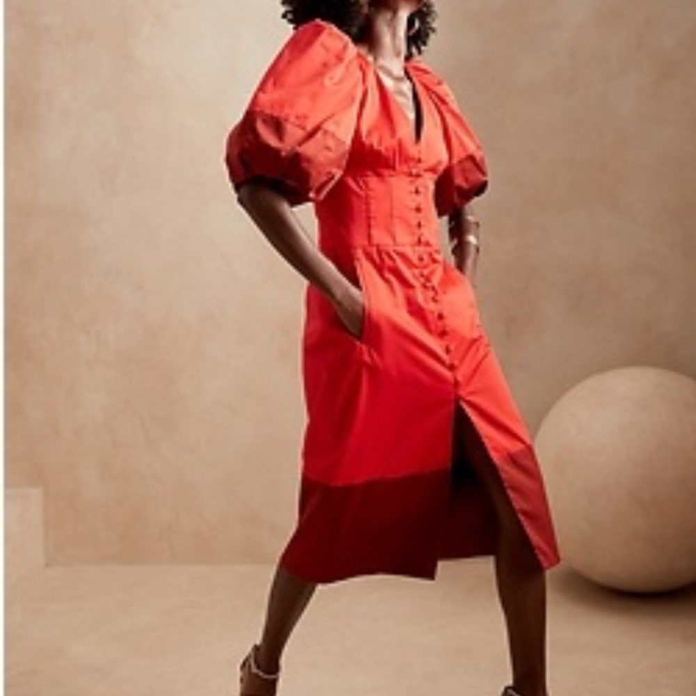 Banana Republic Red Midi Dress with Puff Sleeves and Tie Front